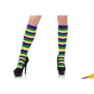 Halloween cosplay Mardi Gras Purple Green Yellow Stripe knee Long Socks -2pairs-